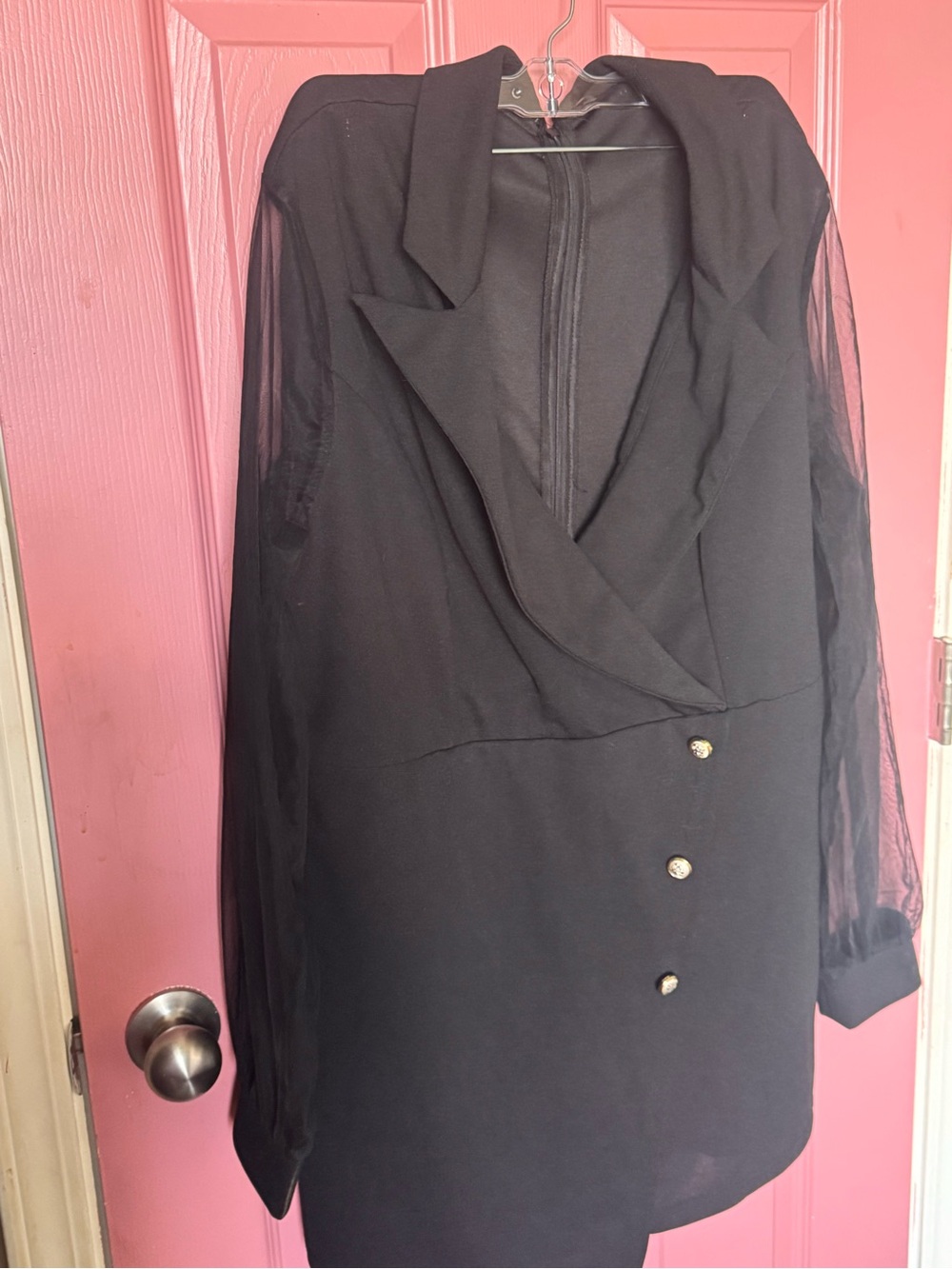 SHEIN Black Sheer-Sleeve Faux Wrap Dress with Decorative Buttons